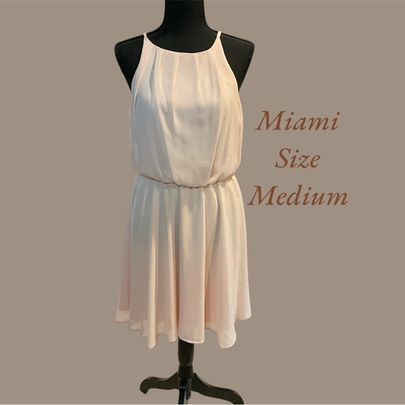 MIAMI DELICATE PINK CHIFFON ELASTIC WAIST SPAGHETTI STRAP DRESS.  SIZE MEDIUM - Picture 1 of 3